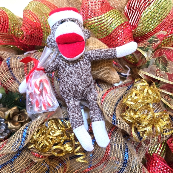 Handcrafted Burlap & Mesh Sock Monkey 24" Christmas Wreath - Picture 11 of 13